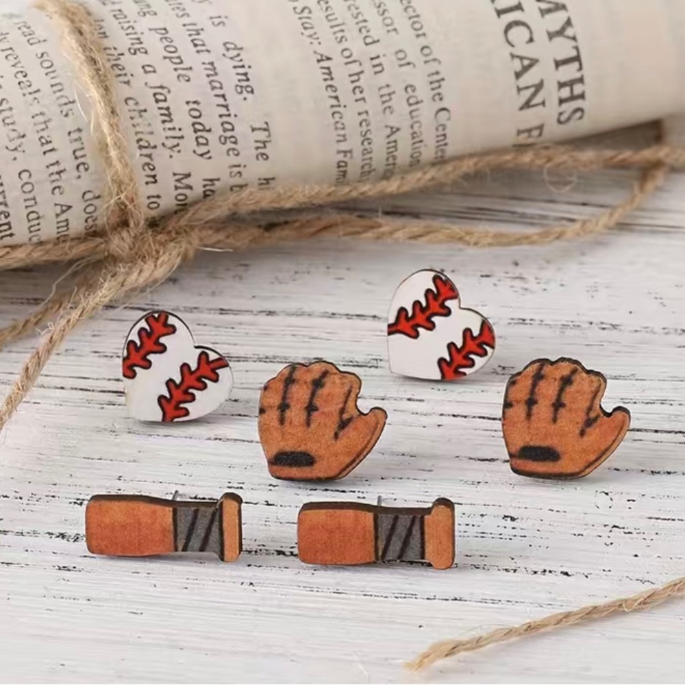 3 Pairs Sporty Baseball Stud Earrings